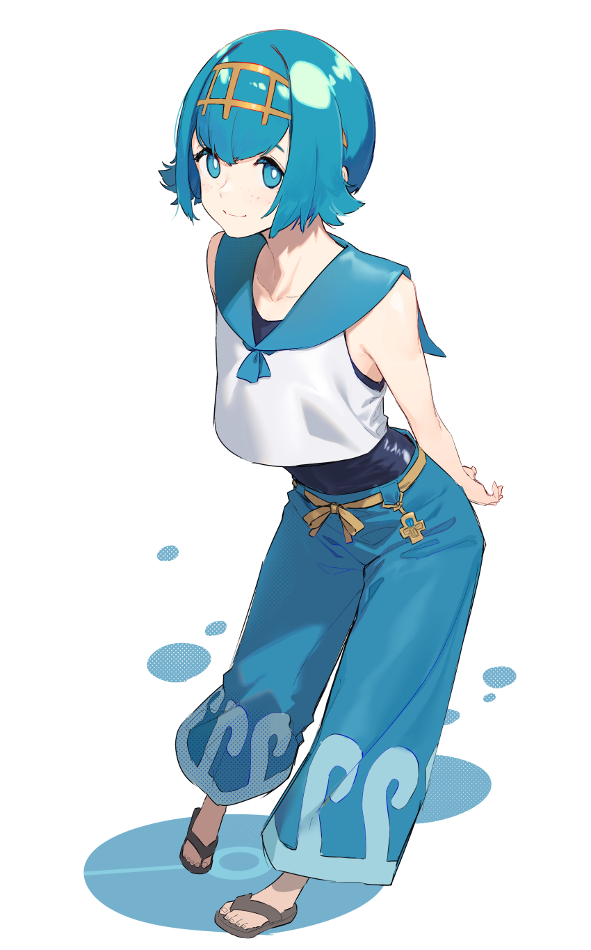 1girl, absurdres, arm_behind_back, blue_eyes, blue_hair, blue_pants, blue_sailor_collar, bright_pupils