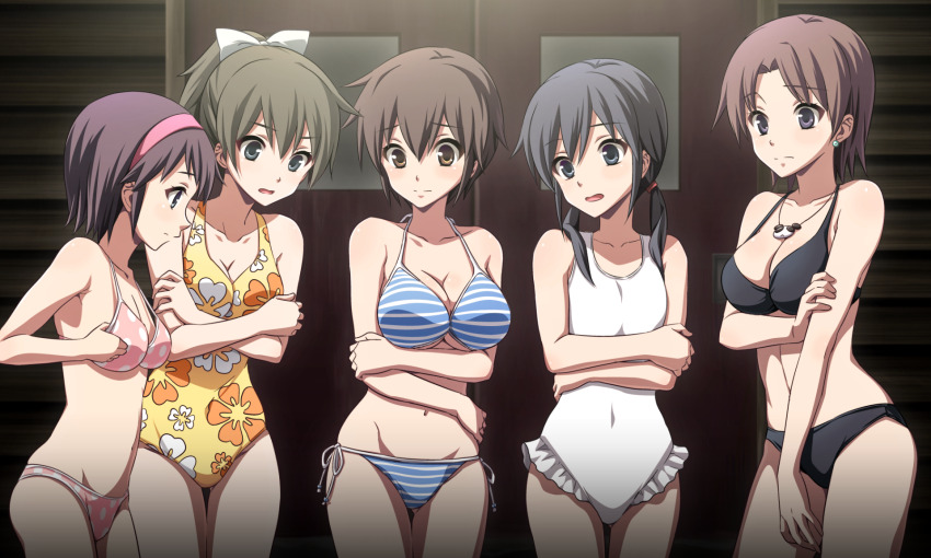 5girls, bikini, black_bikini, breasts, brown_eyes, brown_hair, casual_one-piece_swimsuit, cleavage, corpse_party, earrings, game_cg, hair_ornament, hair_ribbon, hairband, highres, jewelry, kirisaki_touko, large_breasts, medium_breasts, mochida_yuka, multiple_girls, nakashima_naomi, navel, necklace, non-web_source, one-piece_swimsuit, open_mouth, oversized_clothes, ribbon, self-datamine, shinozaki_ayumi, shishido_yui, short_hair, short_twintails, side-tie_bikini_bottom, small_breasts, striped_bikini, striped_clothes, swimsuit, twintails, underboob, white_ribbon