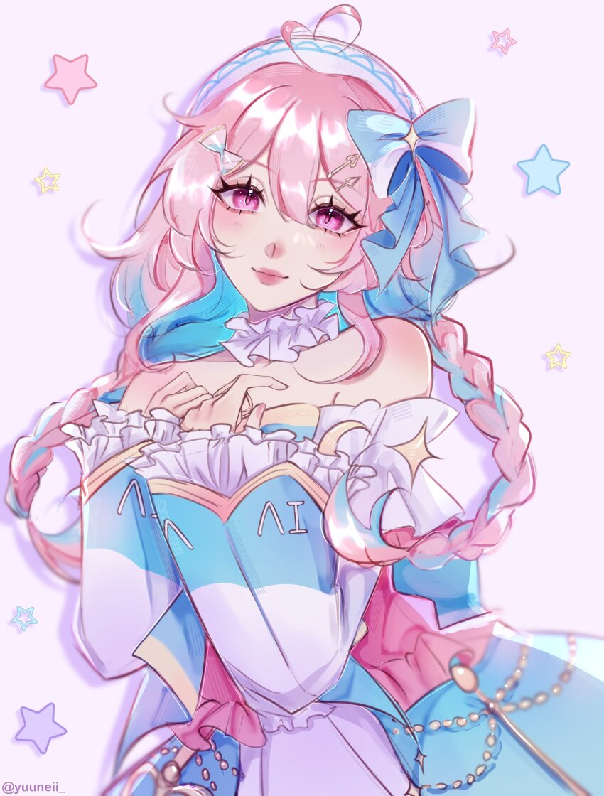 1girl, absurdres, ahoge, bare_shoulders, beret, blue_bow, blue_dress, blue_hair