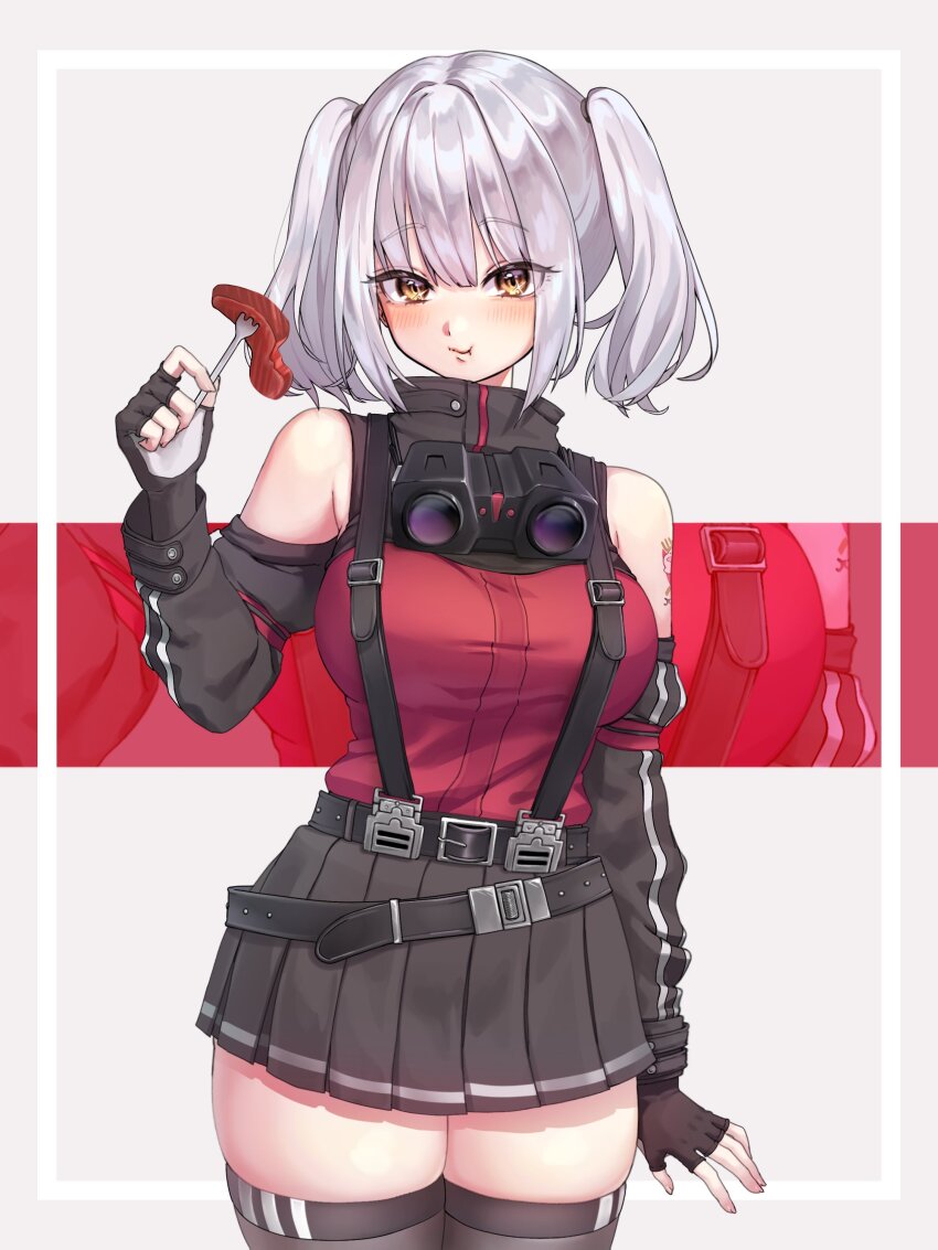 1girl, absurdres, belorta_(nikke), binoculars, black_shirt, black_skirt, black_thighhighs, blush