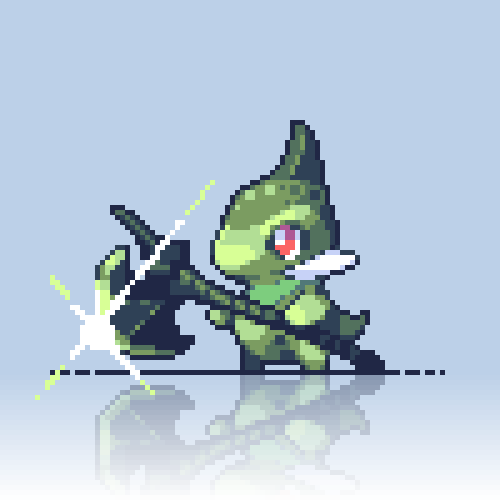 animal_focus, axew, bright_pupils, colored_skin, commentary, commission, english_commentary, gen_5_pokemon, glint, gradient_background, green_skin, grey_background, halberd, holding, holding_polearm, holding_weapon, lowres, nintendo, no_humans, pixel_art, pokemon, pokemon_(creature), polearm, red_eyes, robin_(pixelated_robin), simple_background, tail, weapon, white_pupils