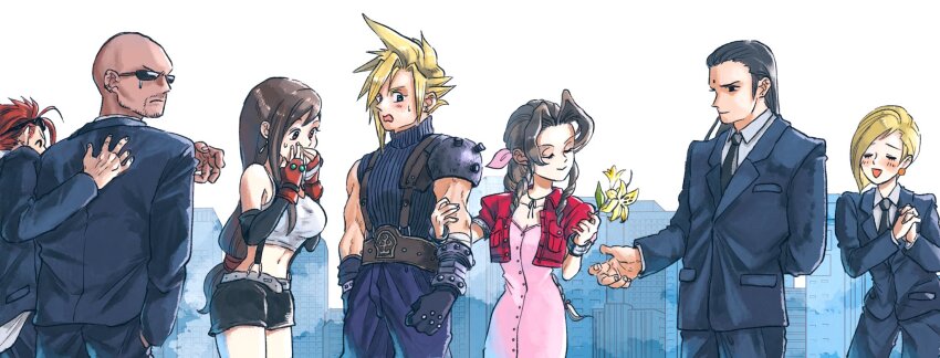 3girls, 4boys, aerith_gainsborough, arm_behind_back, armor, asymmetrical_hair, bald, bandaged_arm
