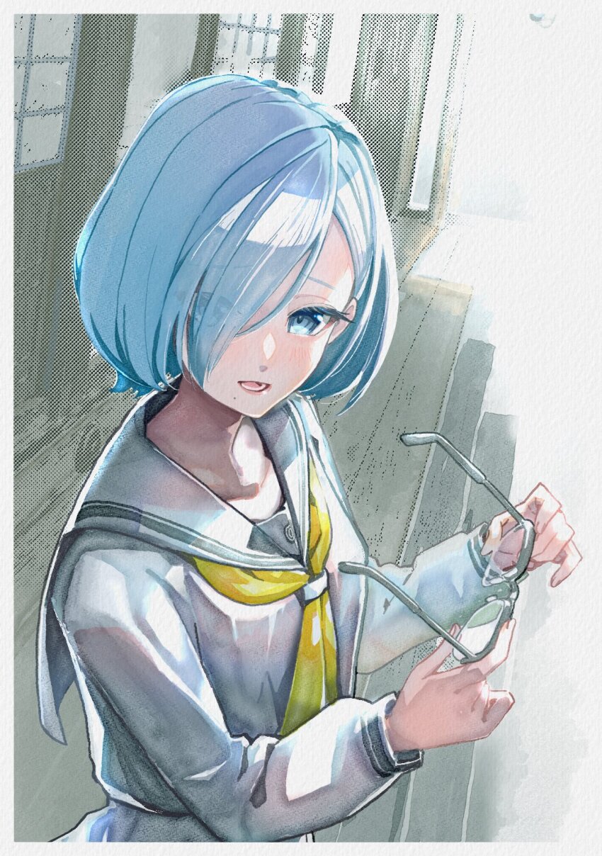 1girl, blue_eyes, blue_hair, border, commentary, door, eyelashes, eyes_visible_through_hair