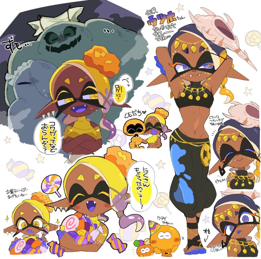 barefoot, big_man_(splatoon), big_man_(splatoween)_(splatoon), blonde_hair, dark_skin, frye_(deep_cut_outfit)_(splatoon), frye_(splatoon), frye_(splatoween)_(splatoon), harem_pants, highres, kiirono, multiple_views, nintendo, pants, purple_eyes, short_eyebrows, splatoon_(series), splatoon_3, tentacle_hair, yellow_eyes