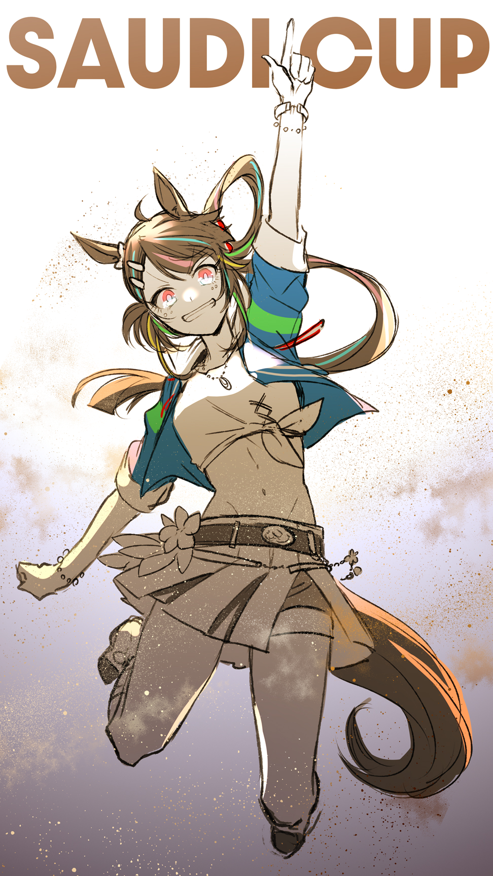 1girl, animal_ears, blue_jacket, english_text, hand_up, highres, horse_ears, horse_girl