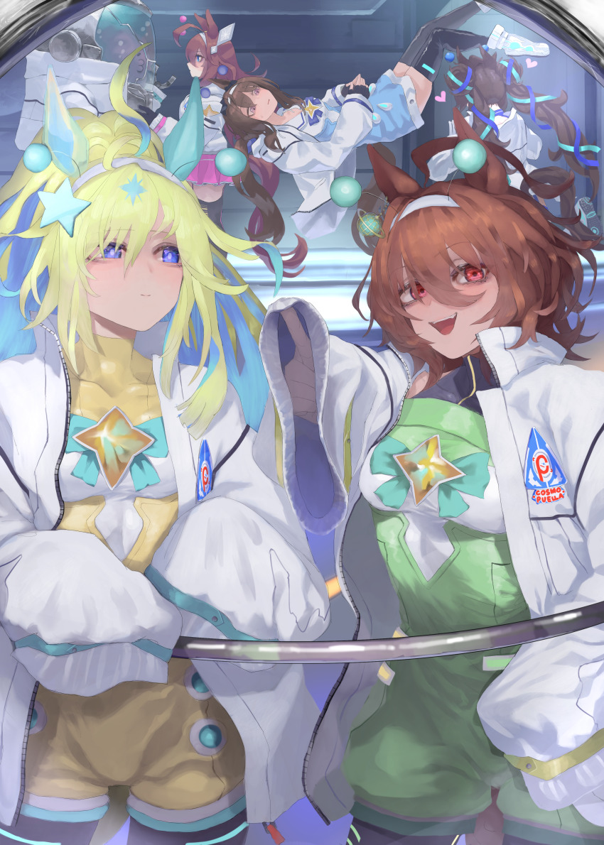 5girls, absurdres, admire_vega_(umamusume), agnes_tachyon_(umamusume), ahoge, animal_ears, black_gloves, black_thighhighs, blonde_hair, blue_eyes, brown_hair, ear_ornament, floating, furlong02, gloves, hair_ornament, hairclip, highres, horse_ears, horse_girl, horse_tail, jacket, long_hair, long_sleeves, mihono_bourbon_(umamusume), multicolored_hair, multiple_girls, neo_universe_(umamusume), official_alternate_costume, official_alternate_hairstyle, pantyhose, ponytail, red_eyes, rinka_(tonariuta), skirt, sleeves_past_fingers, sleeves_past_wrists, sweater, tail, thighhighs, twintails, two-tone_hair, uma_stars_(umamusume), umamusume, vivlos_(umamusume), white_footwear, white_gloves, white_jacket, white_thighhighs, yellow_sweater
