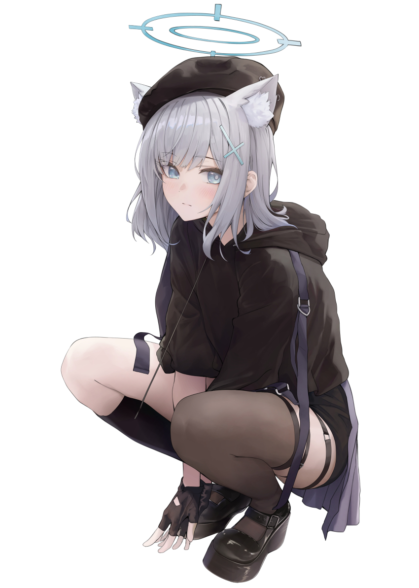 1girl, absurdres, alternate_costume, animal_ear_fluff, animal_ears, asymmetrical_legwear, beret, black_footwear