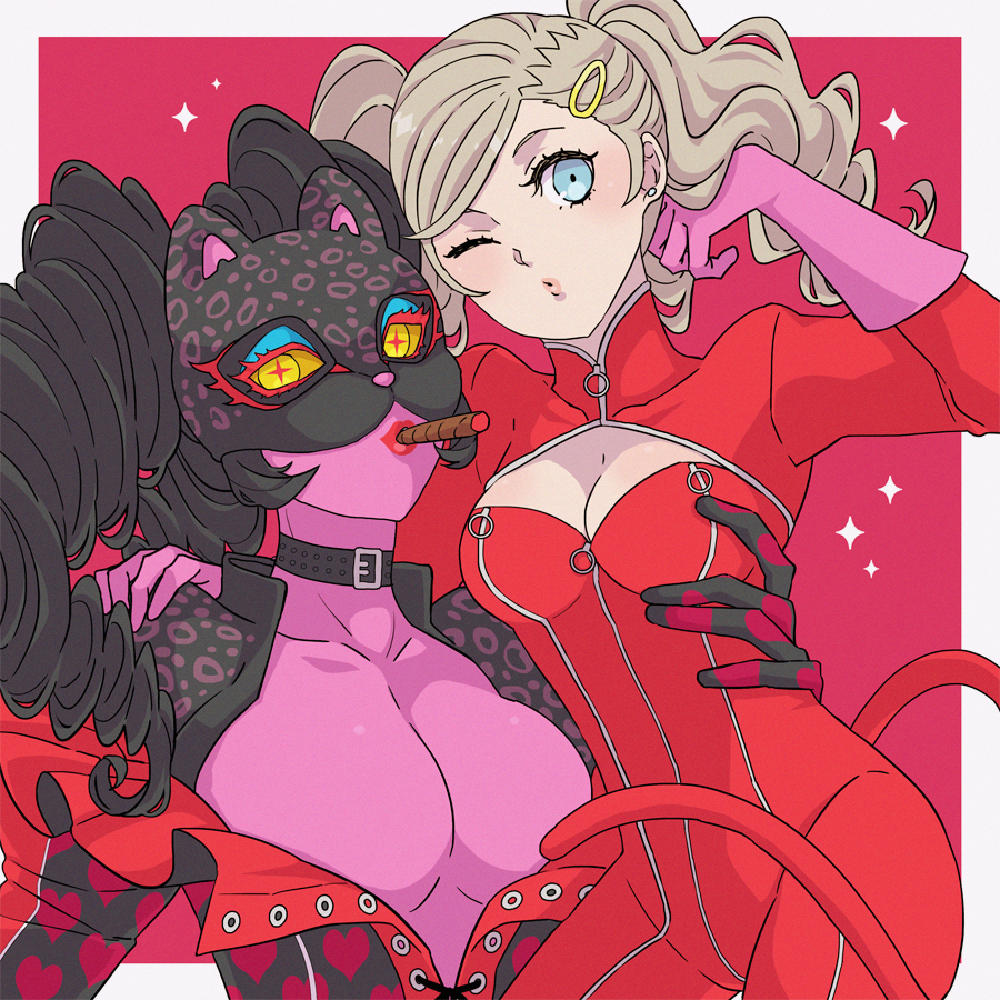 +_+, 2girls, animal_ears, arm_around_another's_waist, arm_around_shoulder, belt_collar, black_hair, blue_eyes, bodysuit, border, breasts, carmen_(persona_5), cat_ears, cat_mask, catsuit, cigar, cleavage, collar, colored_skin, drill_hair, full-length_zipper, gloves, large_breasts, looking_at_viewer, mask, multiple_girls, o3o, outside_border, panther_(persona_5), persona, persona_5, pink_background, pink_gloves, purple_skin, red_bodysuit, red_lips, takamaki_anne, twin_drills, twintails, white_border, yellow_eyes, yosikawayuzu, zipper, zipper_bodysuit