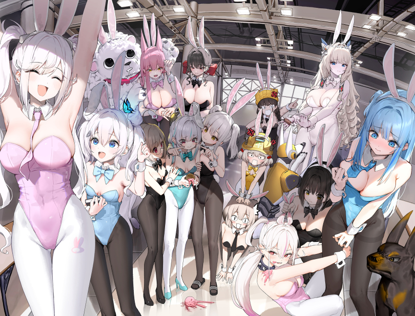 <|>_<|>, 6+girls, ^_^, admi_(nikke), alice_(nikke), all_fours, alternate_costume, animal_ears