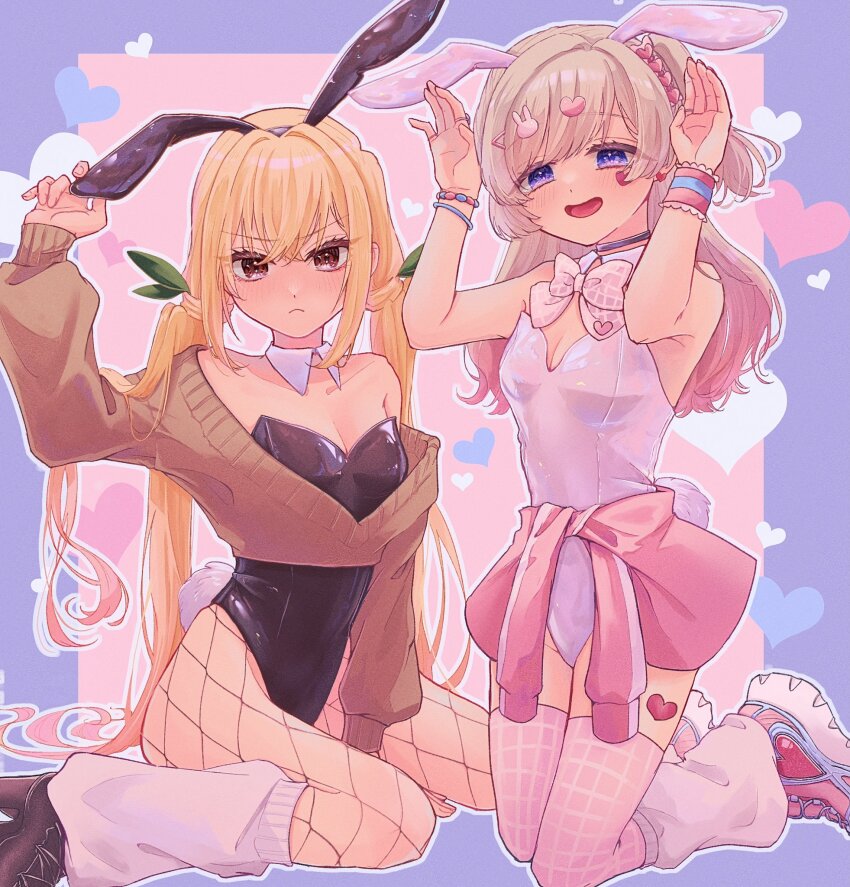 2girls, animal_ears, black_leotard, blonde_hair, bracelet, breasts, brown_eyes, brown_sweater, cleavage, closed_mouth, clothes_around_waist, detached_collar, fake_animal_ears, fishnet_pantyhose, fishnets, gradient_hair, hair_between_eyes, hair_ornament, hair_ribbon, hairclip, hands_up, heart, highres, inda_karane, jewelry, kedarui_aashii, kimi_no_koto_ga_dai_dai_dai_dai_daisuki_na_100-nin_no_kanojo, kneeling, leg_warmers, leotard, long_hair, multicolored_background, multicolored_hair, multiple_bracelets, multiple_girls, off-shoulder_sweater, off_shoulder, oknomyk, open_mouth, pantyhose, pink_background, pink_hair, pink_leotard, pink_sweater, playboy_bunny, purple_background, purple_eyes, rabbit_ears, ribbon, sitting, small_breasts, sweater, sweater_around_waist, thighhighs, twintails, very_long_hair, wariza