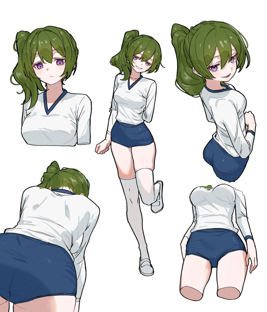 1girl, absurdres, alternate_costume, blue_buruma, buruma, closed_mouth, cropped_legs, from_behind, from_side, full_body, green_hair, gym_uniform, highres, long_sleeves, looking_at_viewer, medium_hair, mo_(mo80_rr), multiple_views, parted_lips, shirt, side_ponytail, simple_background, smile, sousou_no_frieren, standing, thighhighs, ubel_(sousou_no_frieren), white_background, white_footwear, white_shirt, white_thighhighs