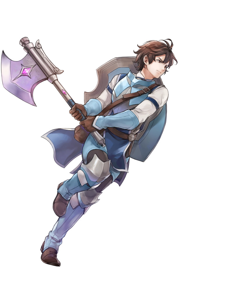 1boy, aged_down, attack, axe, brown_eyes, brown_gloves, brown_hair, fire_emblem