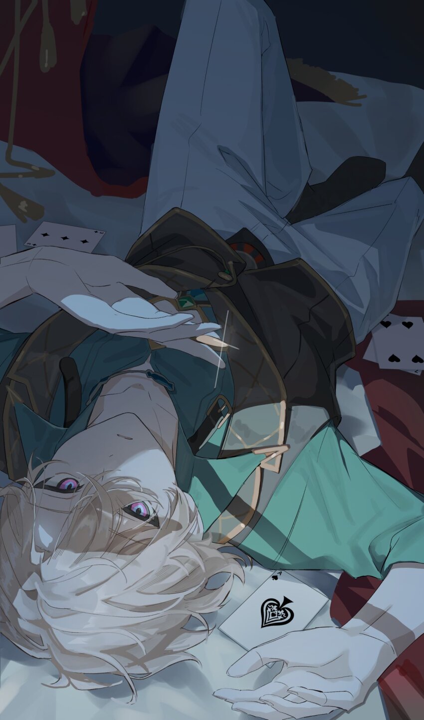 1boy, aqua_shirt, aventurine_(honkai:_star_rail), black_vest, blonde_hair, card, collared_shirt, hair_between_eyes