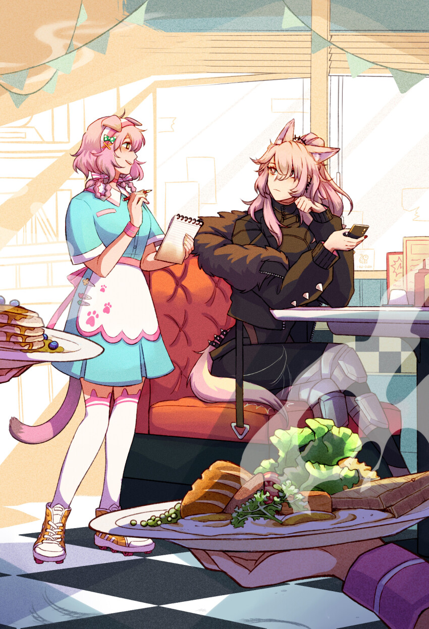 animal_ear_fluff, animal_ears, arknights, blue_dress, brown_eyes, brown_jacket, brown_pants, cellphone