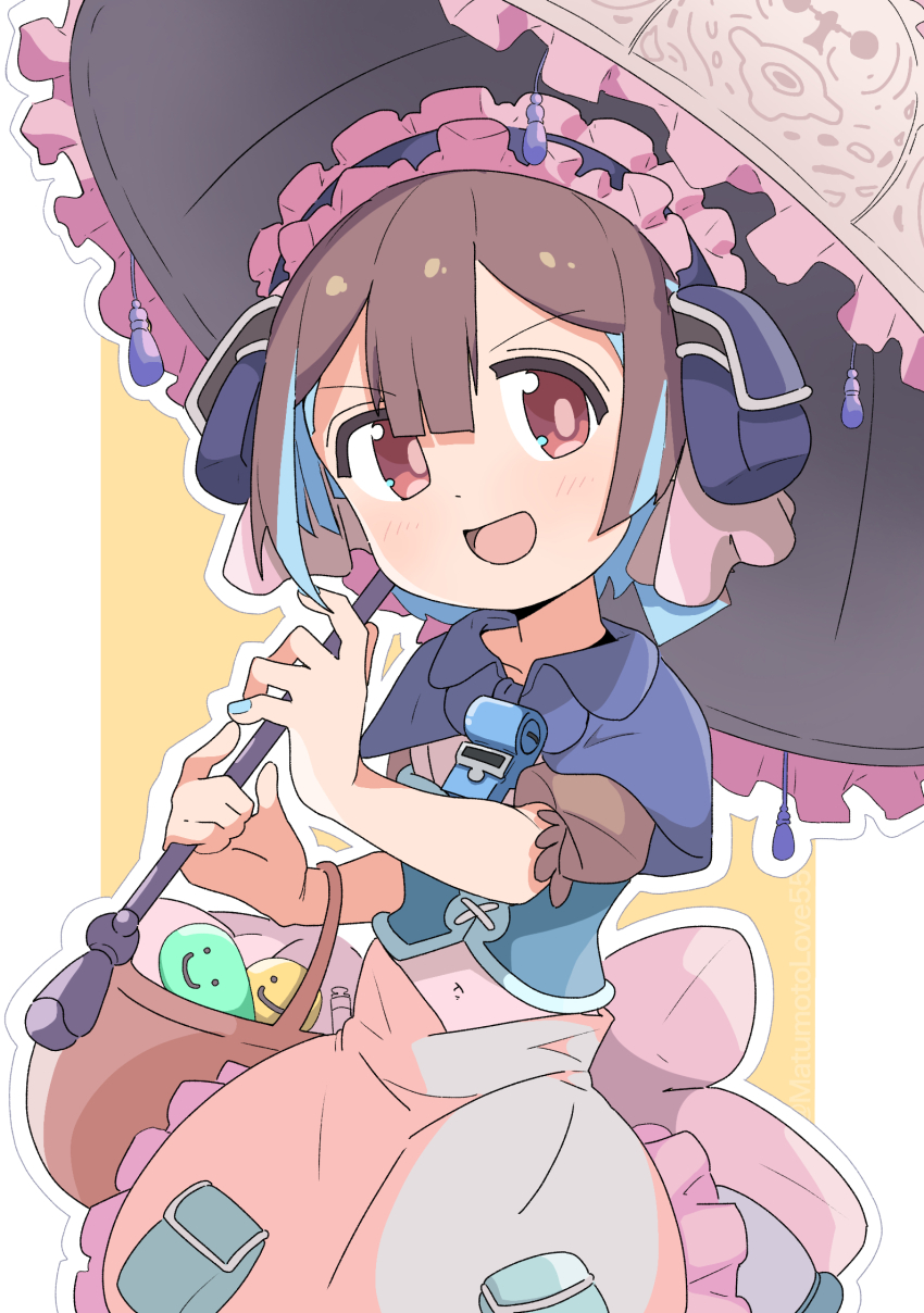 1girl, :d, basket, blue_capelet, blue_hair, blue_nails, blunt_bangs, brown_eyes