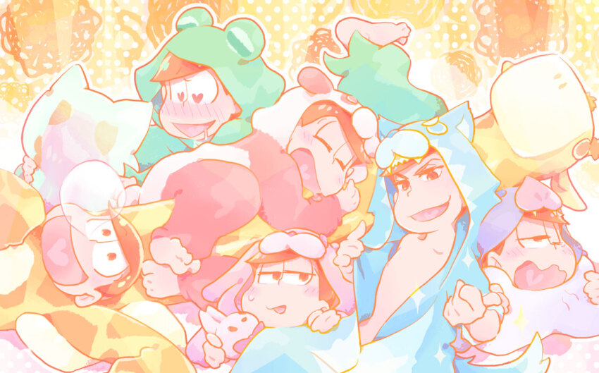 6+boys, animal_costume, barefoot, bluto, brothers, brown_eyes, brown_hair, collarbone