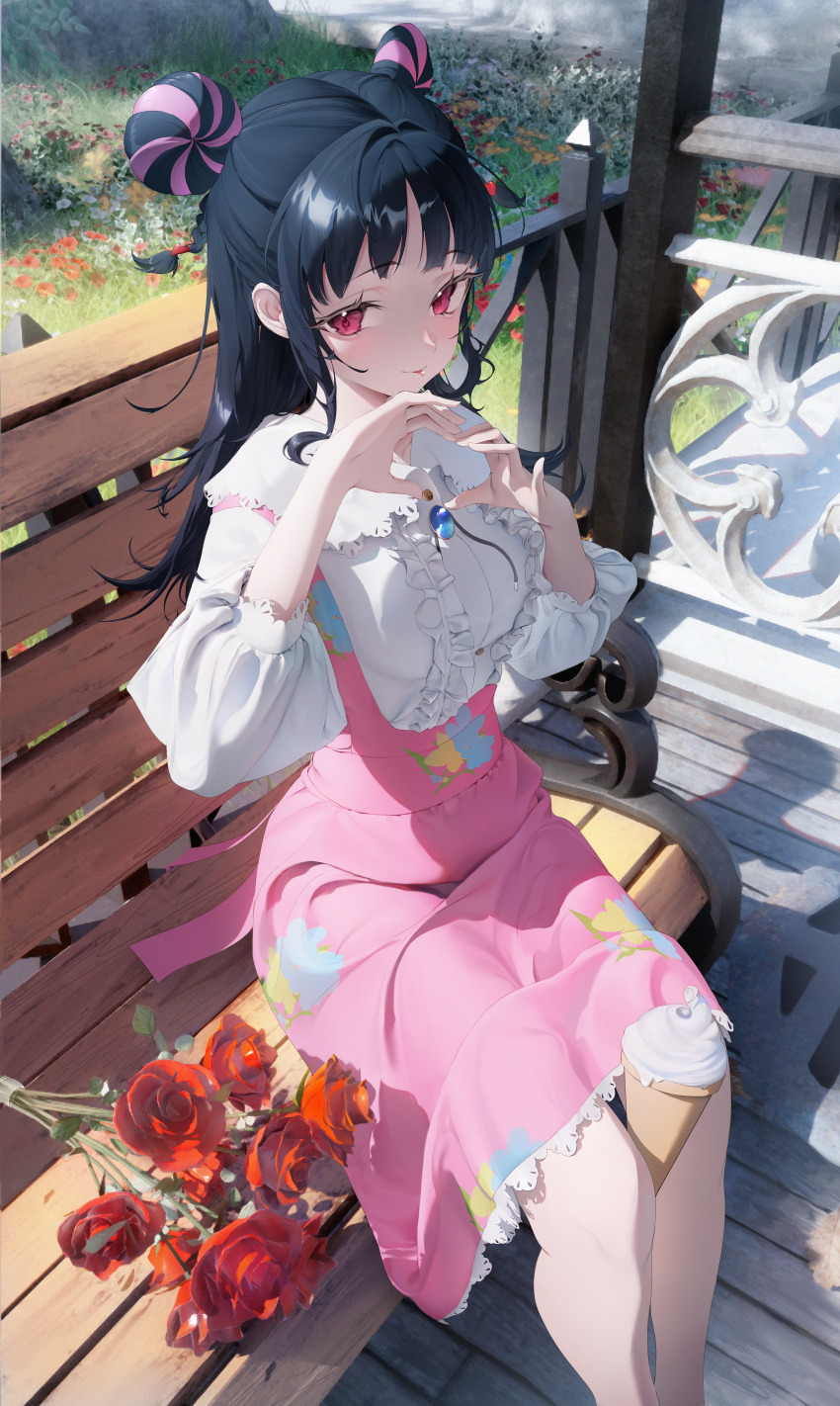 1girl, absurdres, bench, between_legs, black_hair, blue_gem, bucchigiri?!, closed_mouth, commentary, dingding_(chongsangjun), double_bun, flower, frilled_shirt_collar, frills, gem, hair_bun, hands_up, heart, heart_hands, highres, jin_mahoro, long_hair, long_sleeves, looking_at_viewer, multicolored_hair, on_bench, outdoors, overall_skirt, overalls, park_bench, pink_hair, pink_overalls, pink_skirt, puffy_long_sleeves, puffy_sleeves, red_eyes, red_flower, red_rose, rose, shirt, skirt, smile, solo, streaked_hair, white_shirt