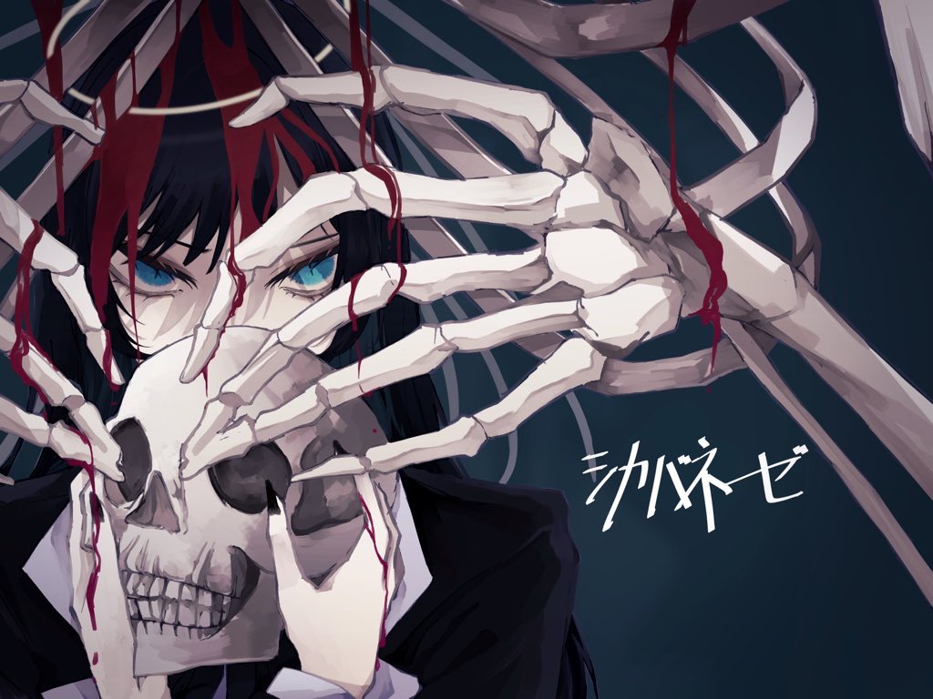 1girl, ado_(utaite), black_hair, black_nails, blood, blue_eyes, chando_(ado), blood_drip