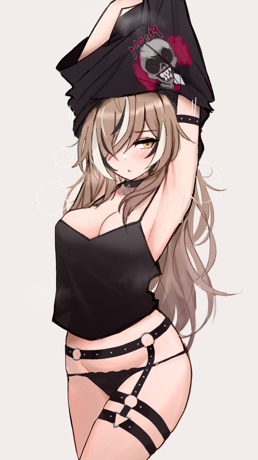 1girl, absurdres, armband, armpits, arms_up, black_armband, black_camisole, black_garter_belt, black_garter_straps, black_hair, black_panties, black_shirt, blush, breasts, brown_hair, camisole, cleavage, clothes_lift, commentary, cowboy_shot, garter_belt, garter_straps, hair_over_one_eye, highres, hololive, hololive_english, large_breasts, lifting_own_clothes, long_hair, m_r_b, multicolored_hair, nanashi_mumei, nanashi_mumei_(emo), nightmare_(nanashi_mumei), o-ring, o-ring_garter_belt, o-ring_thigh_strap, open_mouth, panties, shirt, shirt_lift, simple_background, solo, streaked_hair, thigh_strap, underwear, undressing, virtual_youtuber, white_background, white_hair, yellow_eyes