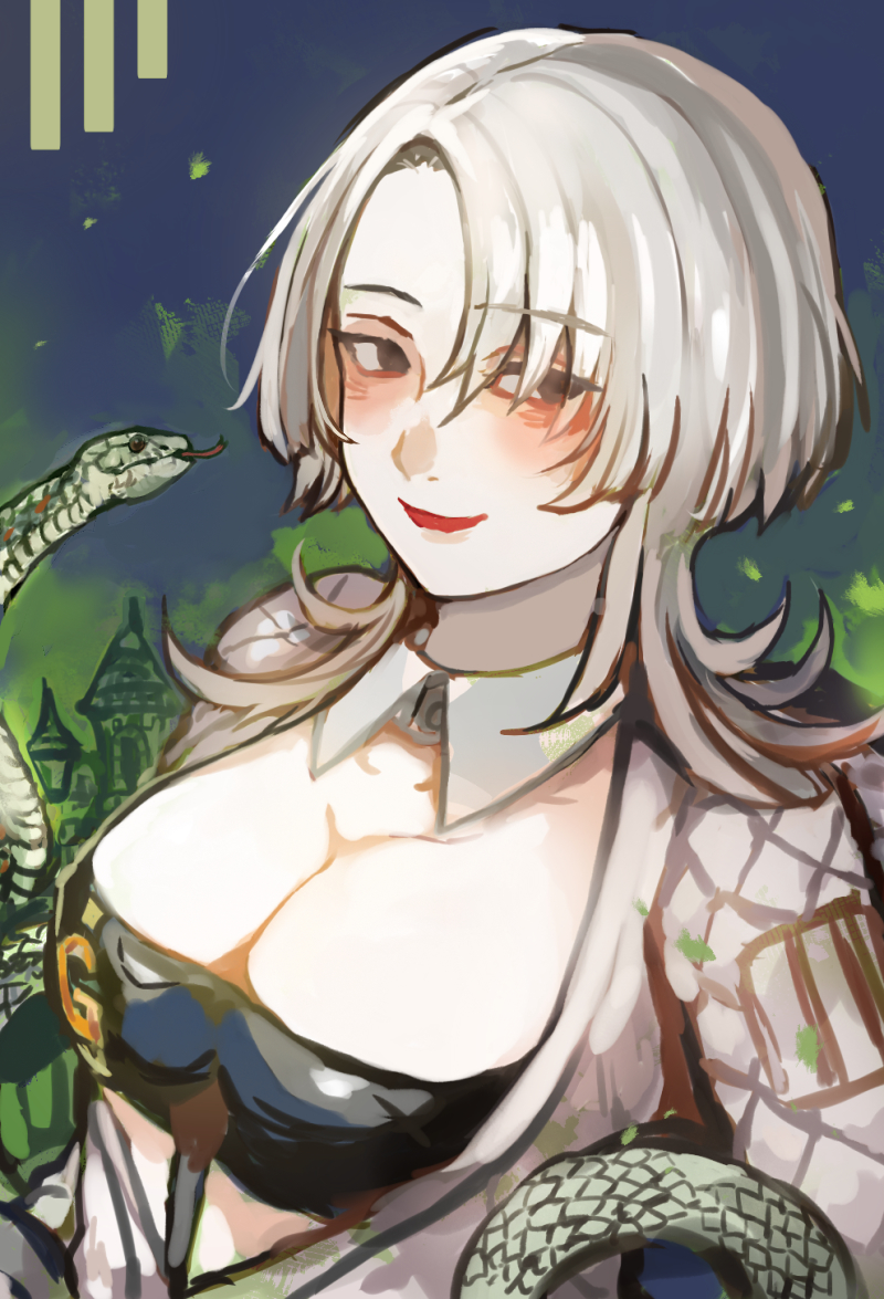 1girl, animal, blonde_hair, blush, bra, breasts, choujin_x, cleavage