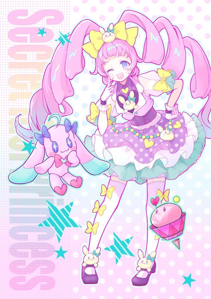 1girl, ;d, aozora_himari, blue_eyes, blunt_bangs, bow, commentary_request, copyright_name