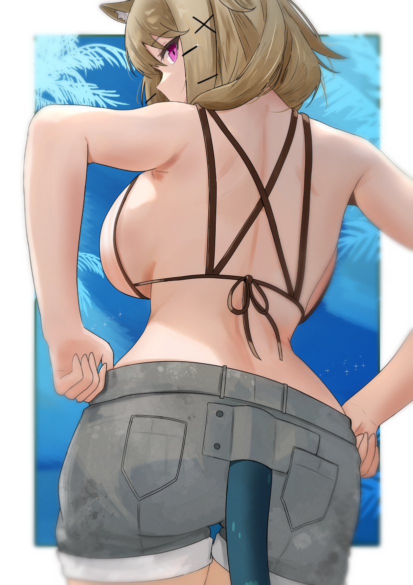 1girl, alternate_breast_size, animal_ear_fluff, arknights, ass, back, backboob, blue_tail