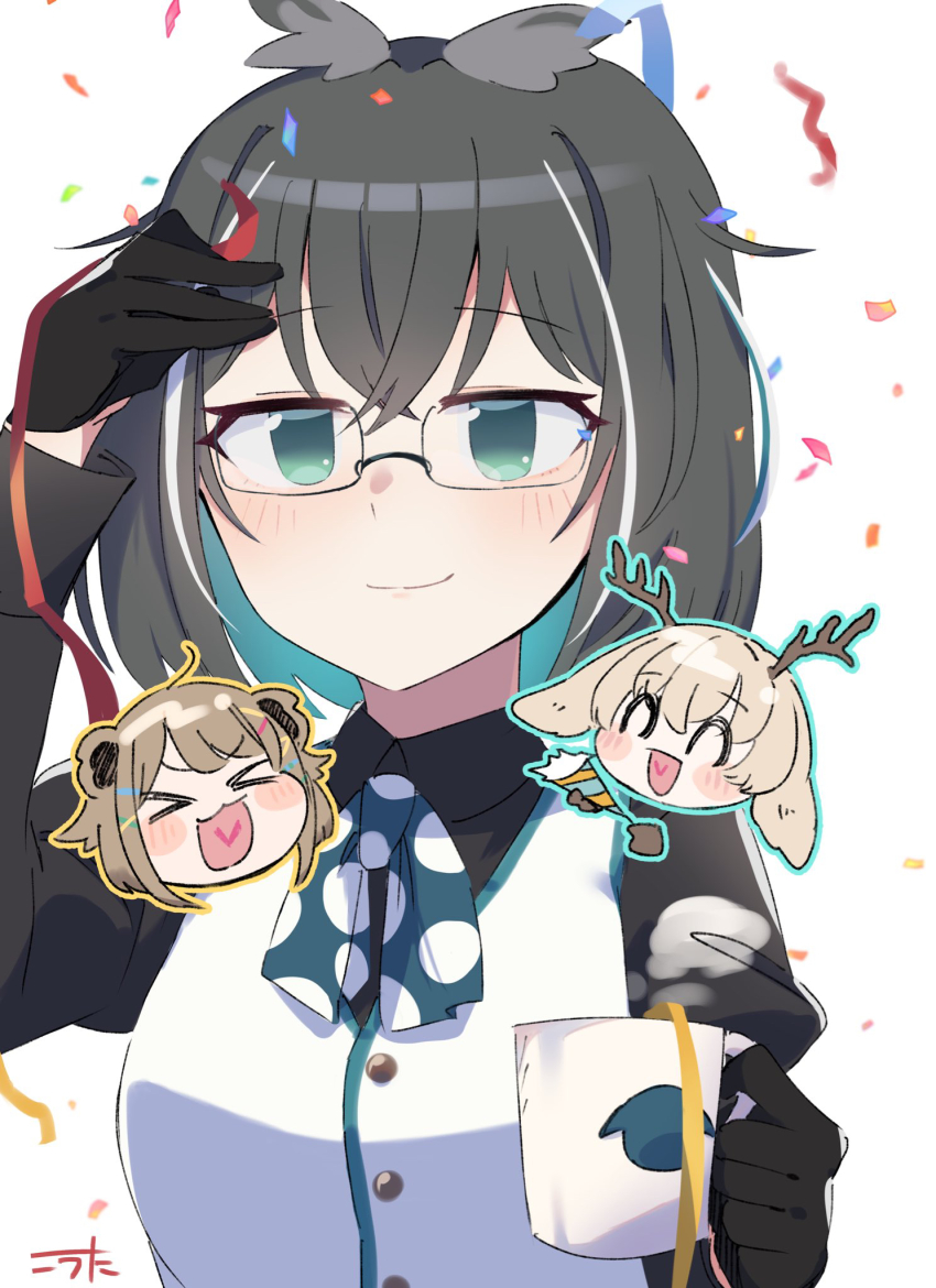 >_<, 3girls, ^_^, antlers, black_gloves, black_hair, black_shirt, blue_eyes