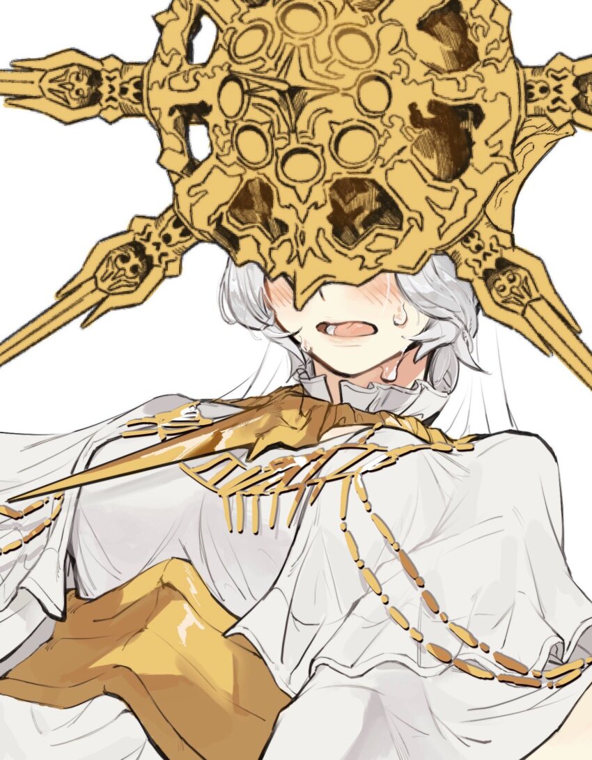 1boy, blush, breasts, dark_souls_(series), dark_souls_i, dark_sun_gwyndolin, dress, gold_headwear