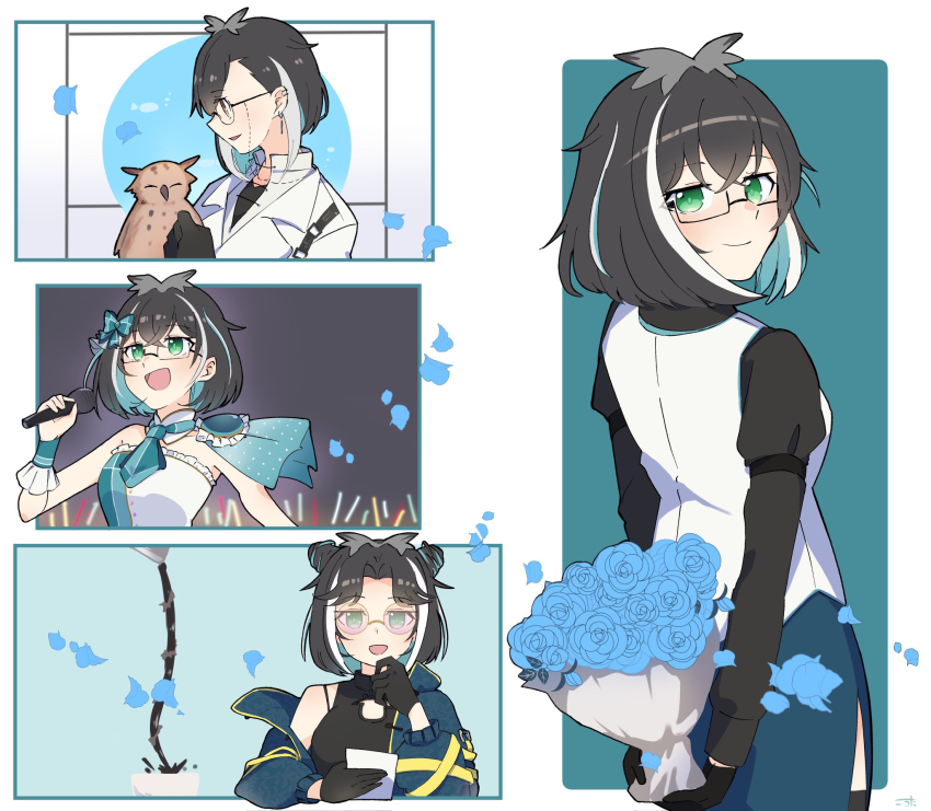 1girl, animare_stage_costume, bird, black_dress, black_gloves, black_hair, black_shirt, blue_coat