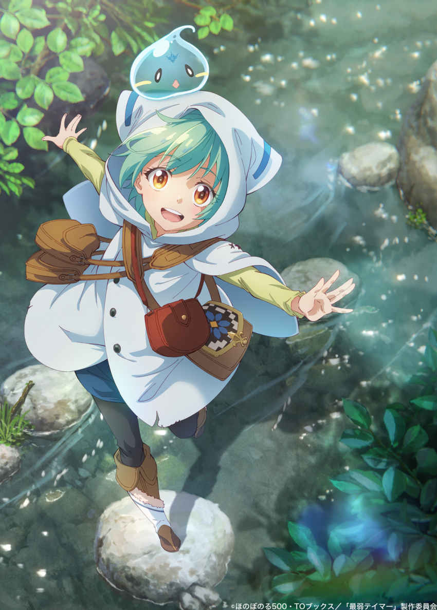 :d, \o/, aqua_hair, arms_up, bag, balancing, black_pants, cape