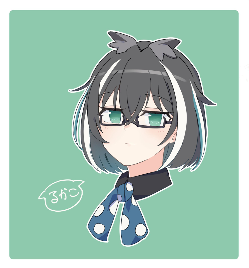 1girl, black-framed_eyewear, black_hair, blue_bow, blue_bowtie, blue_eyes, blue_hair, blush
