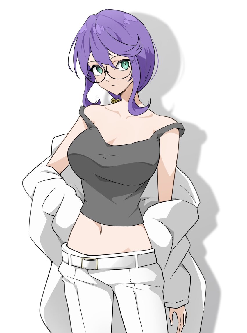 1girl, arm_at_side, bare_shoulders, bell, belt, belt_buckle, black-framed_eyewear, black_tank_top