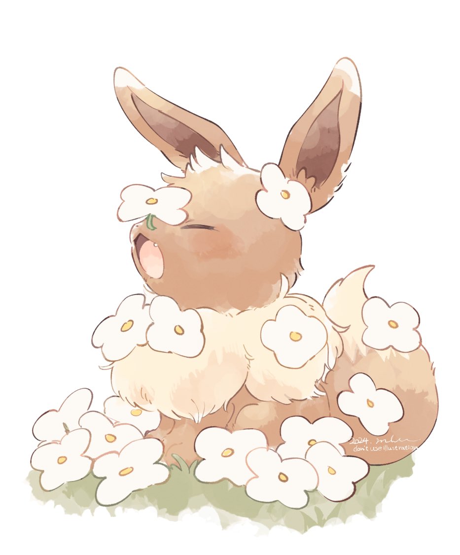 animal_focus, closed_eyes, dated, eevee, fang, flower, gen_1_pokemon, grass