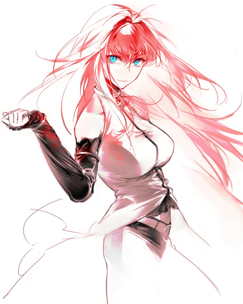 1girl, absurdres, aozaki_aoko, bare_shoulders, blue_eyes, breasts, hair_intakes, highres, long_hair, mahou_tsukai_no_yoru, nianshoufa, red_hair, shirt, super_aoko, type-moon, white_shirt