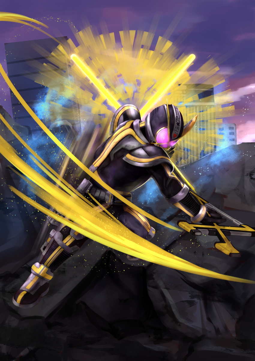 1boy, armor, belt, black_footwear, bodysuit, city, cityscape, commentary_request