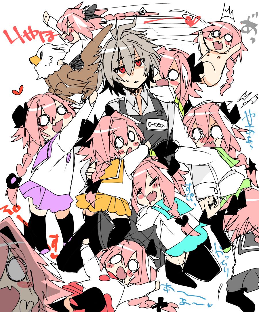 >_<, 6+boys, ^^^, ahoge, alternate_color, alternate_costume, apron, aqua_sailor_collar, aqua_serafuku, aqua_skirt, arm_hug, arm_up, astolfo_(fate), astolfo_(sailor_paladin)_(fate), black_bow, black_thighhighs, blank_eyes, blush_stickers, bow, braid, closed_eyes, clothes_tug, command_spell, completely_nude, deformed, dress_shirt, drooling, fang, fate/apocrypha, fate/grand_order, fate_(series), grabbing_another's_hair, green_sailor_collar, green_serafuku, green_skirt, grey_apron, grey_hair, hair_between_eyes, hair_bow, hair_intakes, haoro, head_bump, heart, hippogriff_(fate), holding_another's_hair, hug, hug_from_behind, hugging_another's_leg, long_braid, long_hair, lying, mouth_drool, multicolored_hair, multiple_boys, multiple_persona, nipples, nude, official_alternate_costume, on_back, on_floor, open_mouth, orange_sailor_collar, orange_serafuku, orange_skirt, parted_lips, purple_sailor_collar, purple_serafuku, purple_skirt, red_eyes, red_sailor_collar, red_serafuku, red_skirt, riding, sailor_collar, school_uniform, serafuku, shirt, sieg_(fate), simple_background, single_braid, skin_fang, skirt, smile, standing, streaked_hair, sweatdrop, thighhighs, too_many, trap, two-tone_hair, v, white_background, white_hair, white_shirt