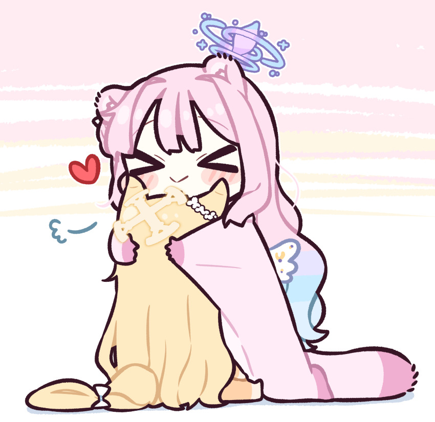 >_<, 2girls, angel_wings, animal_costume, animal_ears, blonde_hair, blue_archive, blush