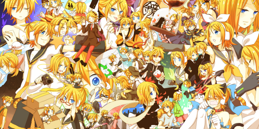 6+boys, 6+girls, adolescence_(vocaloid), blonde_hair, blue_eyes, brother_and_sister, cendrillon_(vocaloid), fire_flower_(vocaloid)
