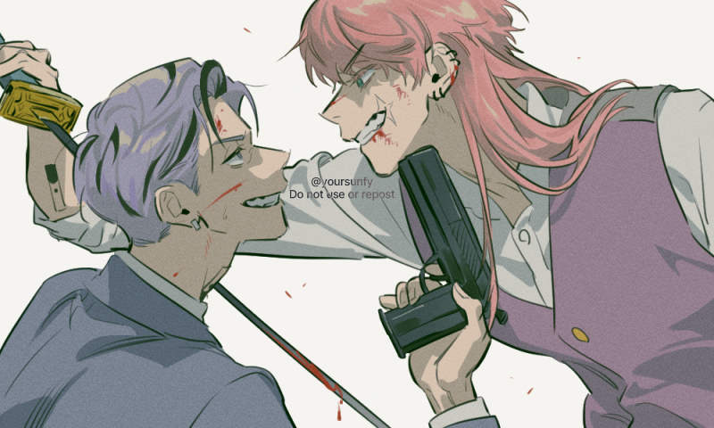 2boys, aiming, aqua_eyes, arm_tattoo, blood, blood_on_face, bloody_weapon, clenched_teeth