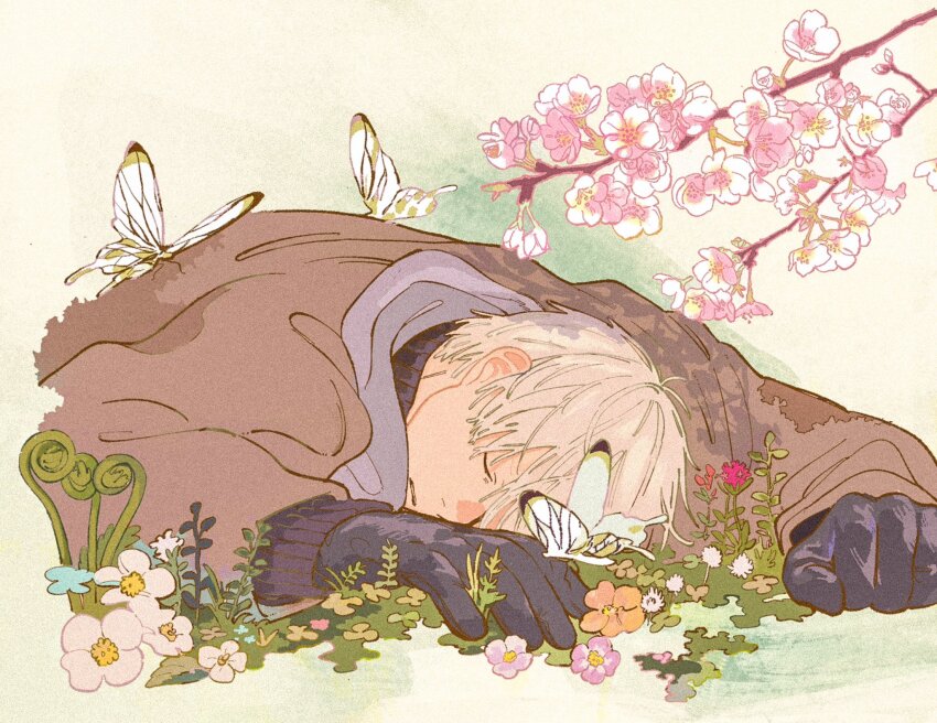 1boy, black_gloves, black_shirt, brown_jacket, bug, butterfly, cherry_blossoms, closed_mouth, commentary, cropped_torso, flower, ginko_(mushishi), gloves, highres, insect, jacket, long_sleeves, lying, male_focus, mushishi, on_stomach, outdoors, parted_lips, plant, rokudenaru, shirt, short_hair, solo, sweater, untranslatable_commentary, turtleneck, turtleneck_sweater, white_hair, yellow_background