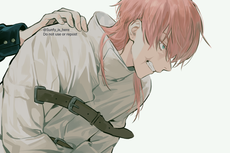 1boy, aqua_eyes, belt, clenched_teeth, from_side, frown, glaring, hand_on_another's_shoulder