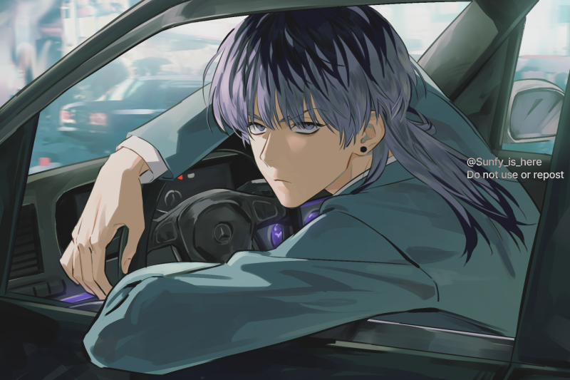 1boy, arm_rest, car, closed_mouth, collared_jacket, collared_shirt, driving, ear_piercing