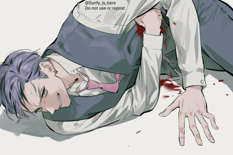 1boy, bleeding, blood, blood_on_clothes, blood_on_ground, clenched_teeth, ear_piercing, formal_clothes, frown, glaring, haitani_ran, hand_on_ground, injury, looking_up, lying, male_focus, multicolored_hair, necktie, on_side, pain, pants, piercing, pink_necktie, purple_eyes, purple_hair, purple_pants, purple_vest, short_hair, simple_background, solo, streaked_hair, suit, sweatdrop, teeth, tokyo_revengers, upper_body, vest, yoursunfy