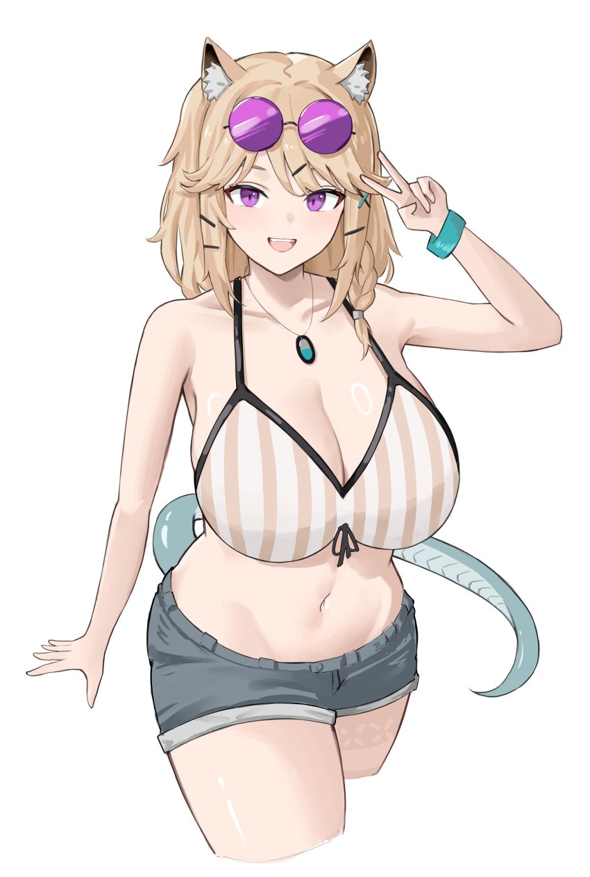 1girl, absurdres, animal_ear_fluff, animal_ears, arknights, bikini, bikini_top_only, breasts