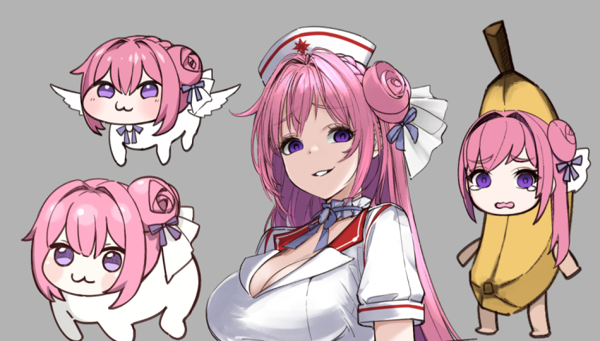 1girl, :3, banana, banana_costume, braid, breasts, cleavage, doro_(nikke)