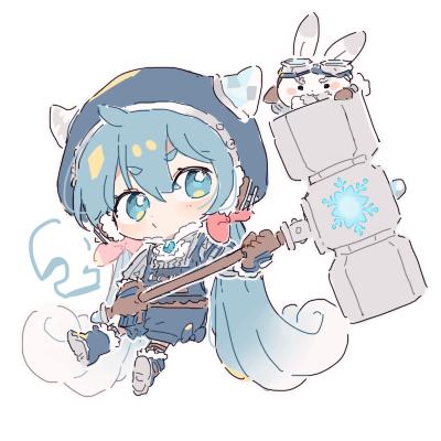 1girl, animal, beard, blue_boots, blue_eyes, blue_hair, blue_helmet, blue_overalls