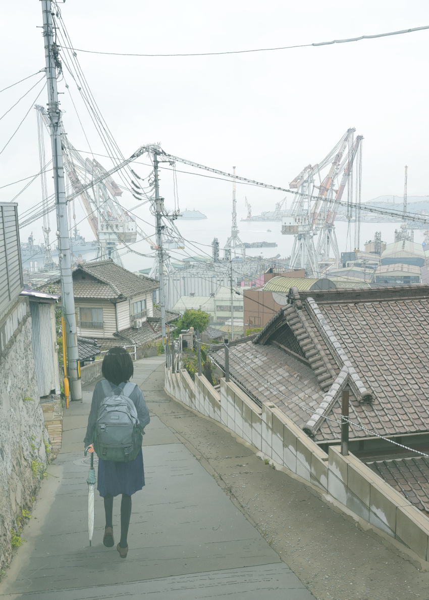 1girl, absurdres, backpack, bag, black_hair, black_pantyhose, black_skirt, brown_footwear, building, cardigan, crane_(machine), day, from_behind, grey_bag, grey_cardigan, grey_sky, harbor, highres, horizon, house, kure_(city), original, outdoors, overcast, pantyhose, photo-referenced, power_lines, real_life, real_world_location, road, scenery, school_uniform, ship, skirt, sky, solo, stone_wall, unagi189, utility_pole, vanishing_point, wall, watercraft