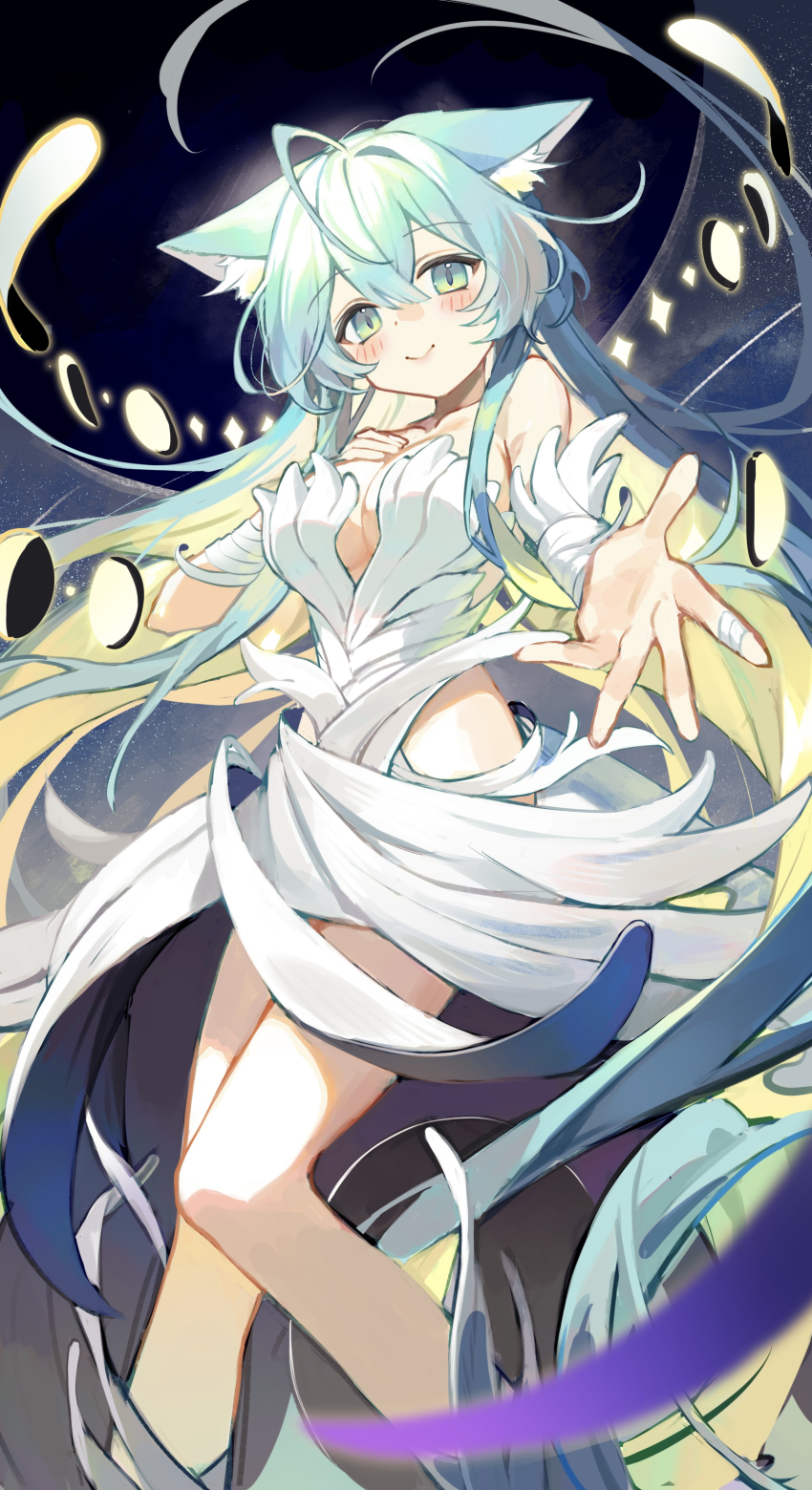 1girl, absurdres, animal_ears, breasts, cat_ears, cleavage, commentary_request, dress, hand_on_own_chest, highres, ixia_(shironeko_project), kosodoro, long_hair, looking_at_viewer, outstretched_arm, shironeko_project, smile, white_dress