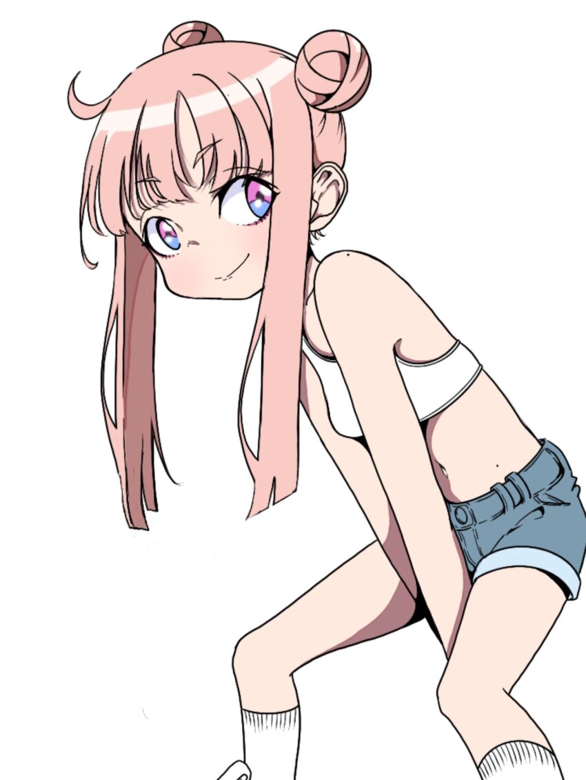 1girl, between_legs, blue_shorts, breasts, closed_mouth, denim, denim_shorts, double_bun