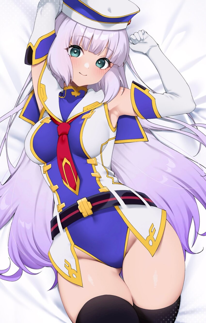 1girl, aqua_eyes, armpits, arms_up, bare_shoulders, bed_sheet, black_thighhighs, blue_leotard